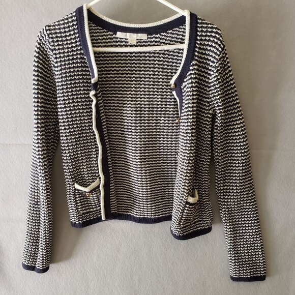 Boston Proper Womens Navy White Cardigan Sweater Size S 60 Cotton 40 Acrylic EUC - Picture 2 of 10
